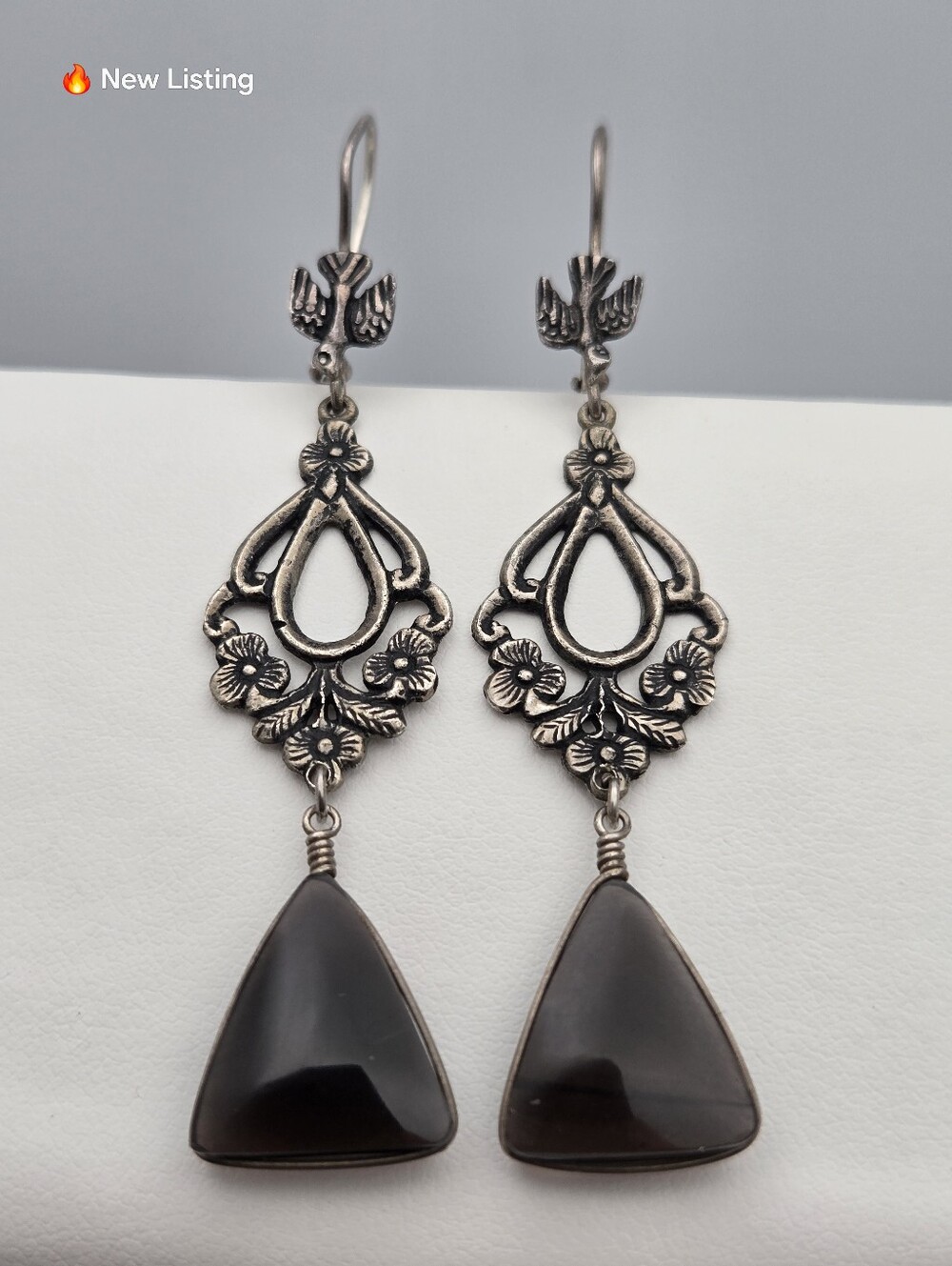 Gothic Bird Filigree Black Gemstone Dangle Earrings Silver Tone 2.75"
